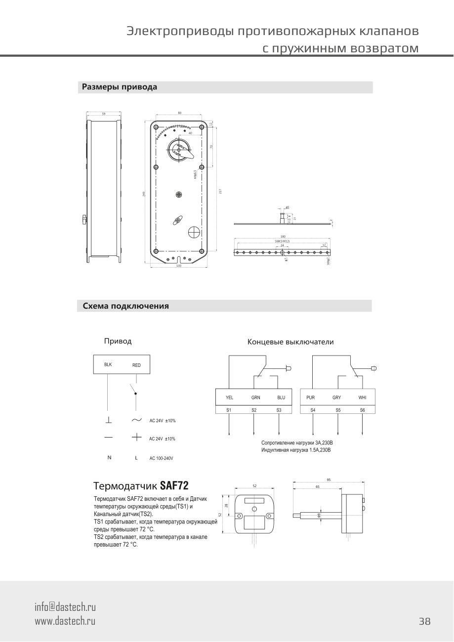 Размеры и схема подключения электропривода Dastech FR-15N220ST